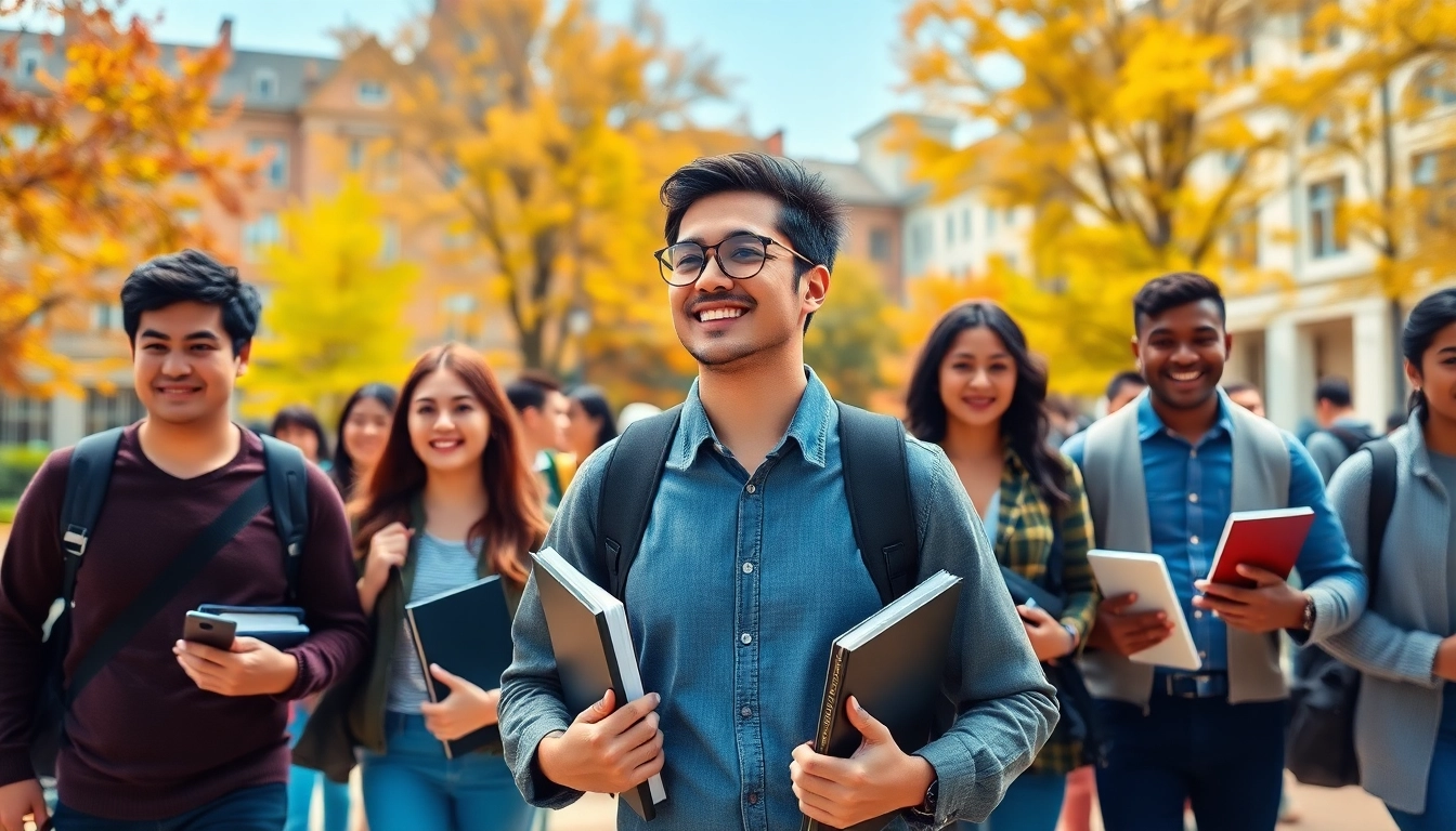 International student engaging with classmates on a vibrant university campus.