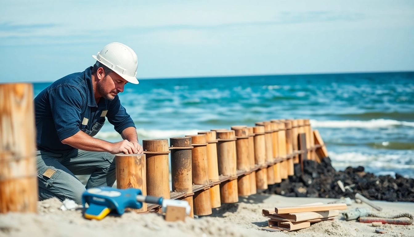Performing bulkhead repair Galveston on a waterfront with skilled craftsmanship and tools.