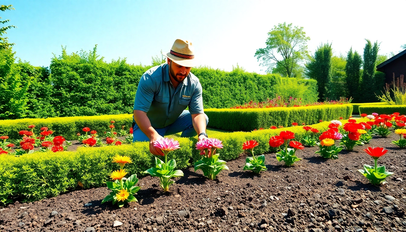 Landscaping contractor Coquitlam planting flowers in a vibrant garden setting.