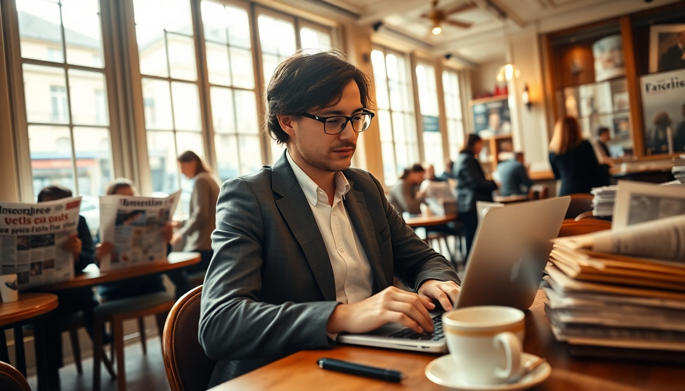 Rapportez les dernières actualités françaises en anglais dans un café parisien animé.
