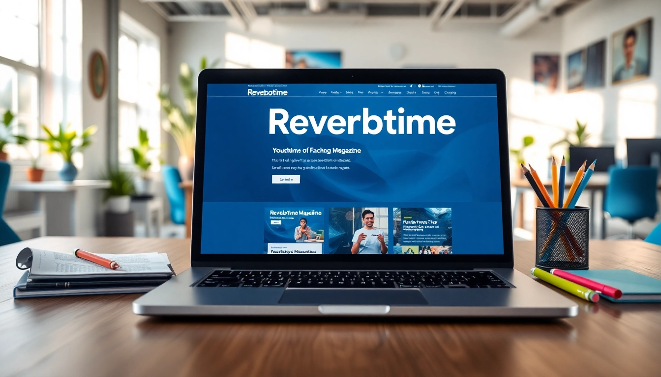 Highlighting the Reverbtime Magazine brand in a vibrant creative workspace with a modern layout.