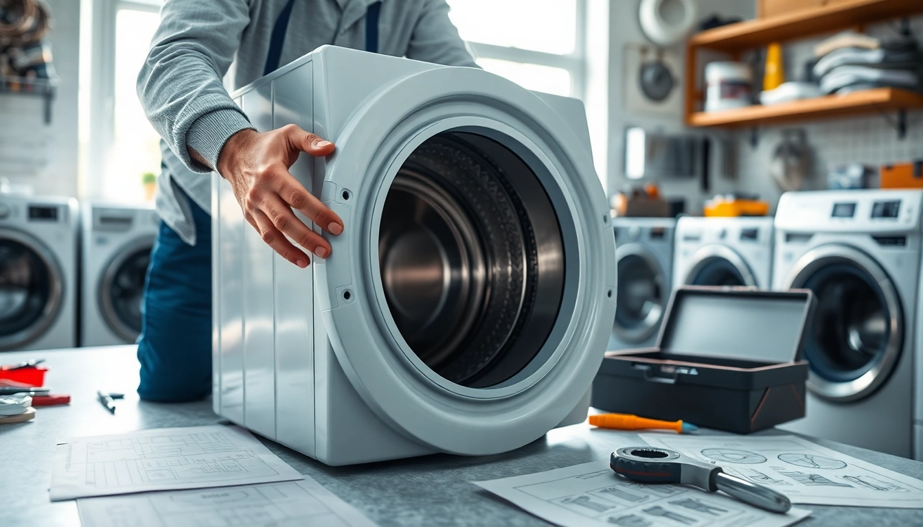 Technician engaged in washer repair, focusing on disassembled parts and tools.