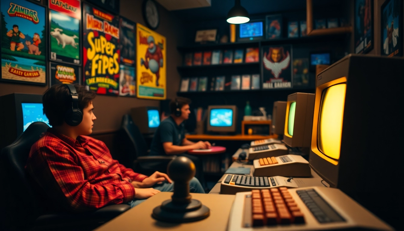Play DOS games in a retro gaming lounge with vintage computers and nostalgic decor.