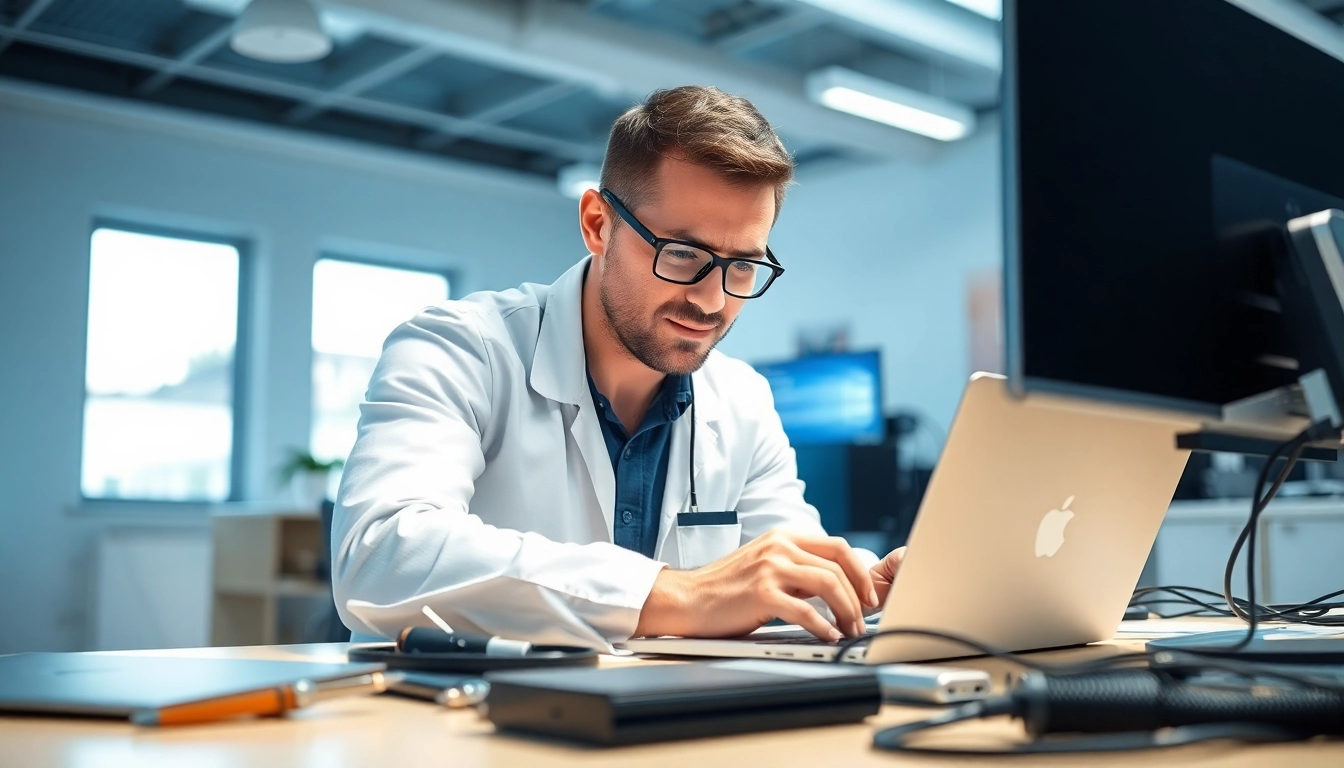 Expert technician providing computer repair services on a laptop in an organized workspace.