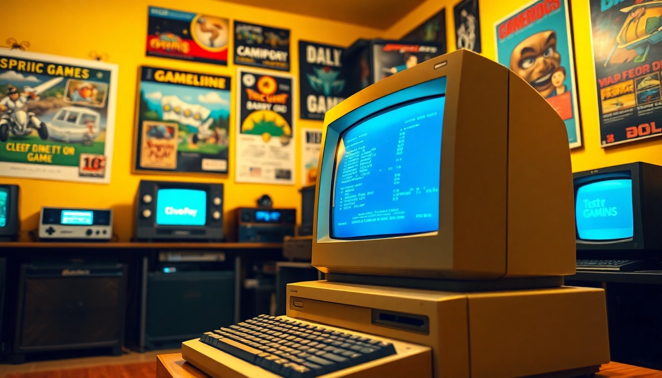 Play DOS games on a vintage computer surrounded by nostalgic gaming memorabilia.