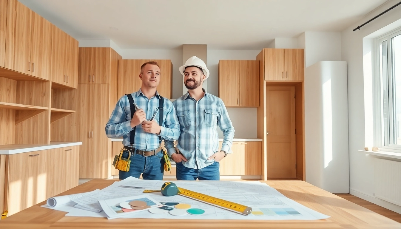 Contractor demonstrating Renovation services in a partially renovated kitchen, showcasing tools and materials.