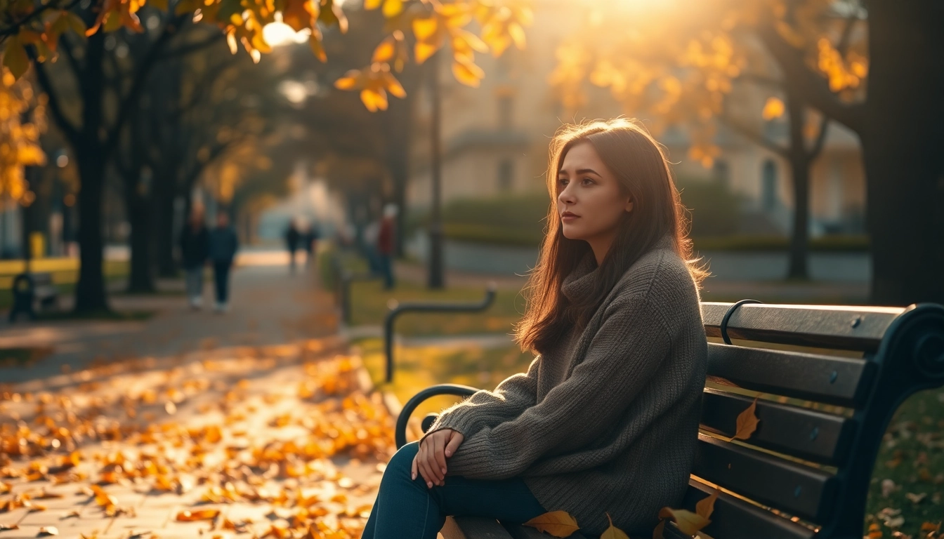 A woman contemplating her emotions on a park bench during a relationship breakup.