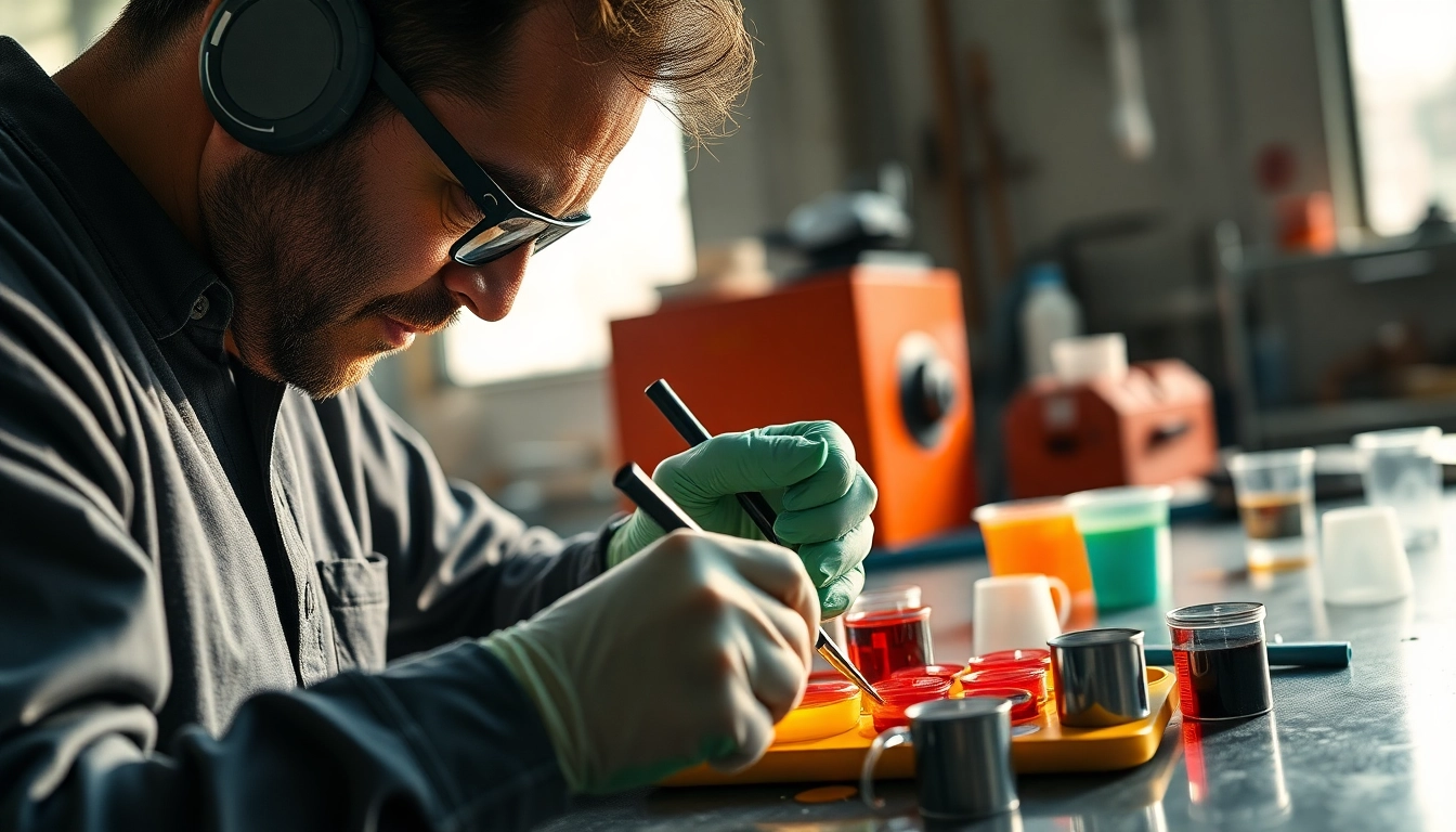 Artisan working with infusion resins, showcasing vibrant colors and a precise setup in a workshop.