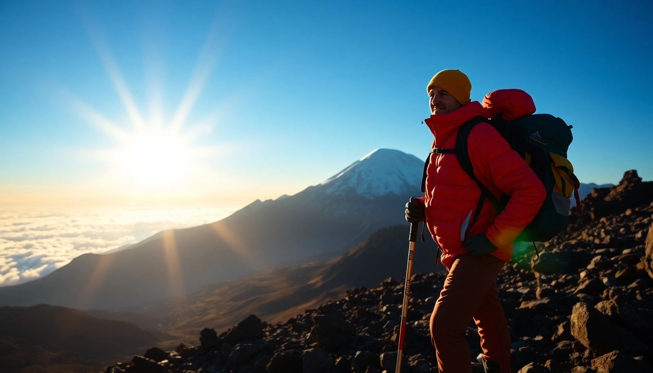 Hiker reaching the summit during Affordable Kilimanjaro Trekking Tours, showcasing the stunning mountain landscape.