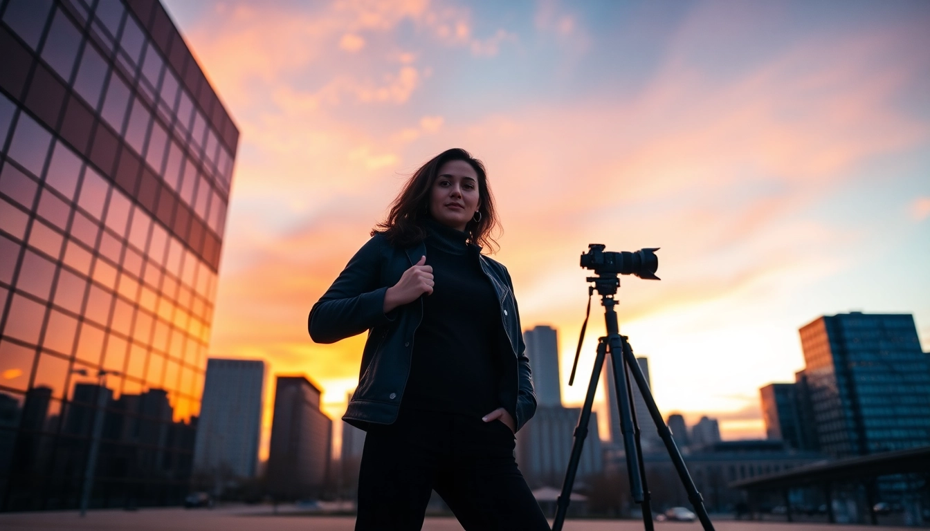 Engaging photography company Edmonton showcasing a model with the Edmonton skyline at sunset.