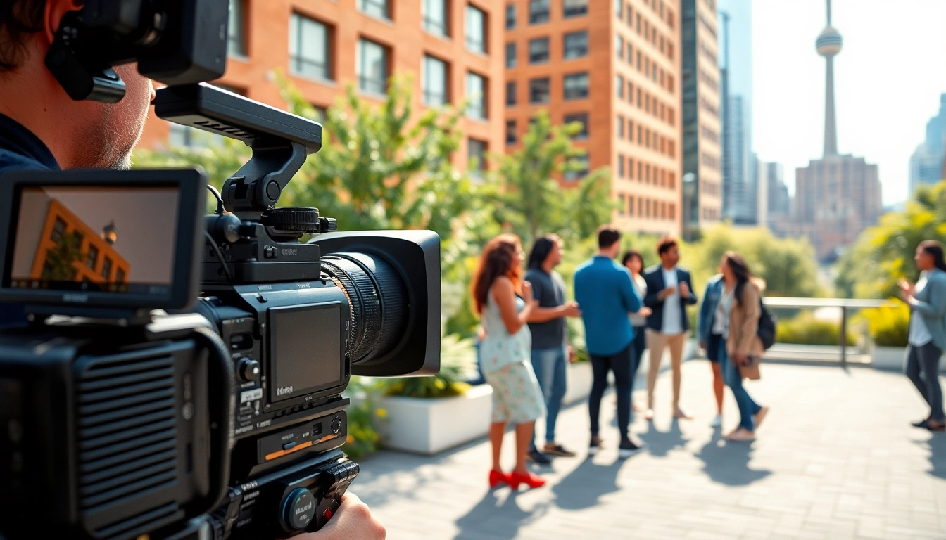 Documenting Creative Video Shoots Toronto with vibrant urban scenery and professional equipment.