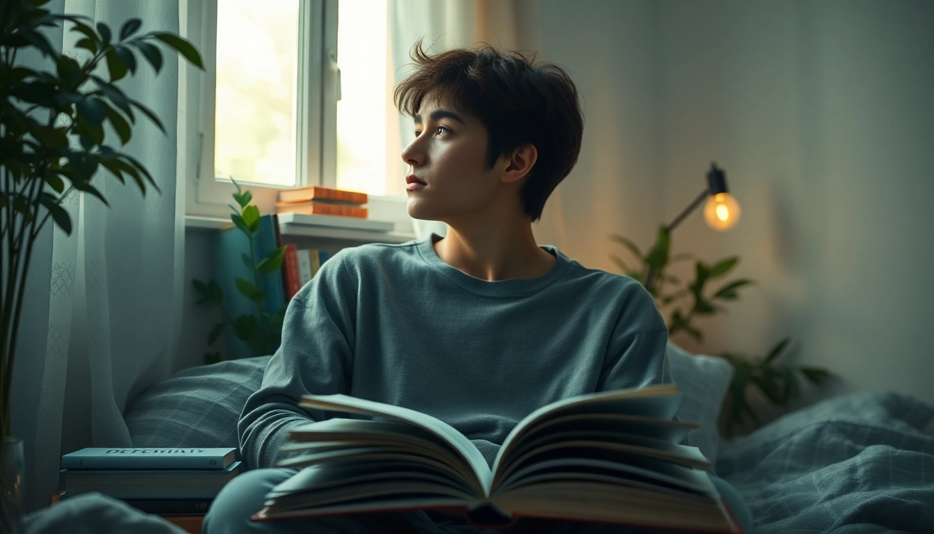 Person reflecting on depression in a cozy room with warm lighting and calming elements.