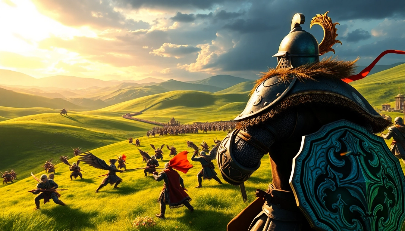 Engage with the rich world of Warlords 2 download featuring a knight in combat amidst a lush battlefield.