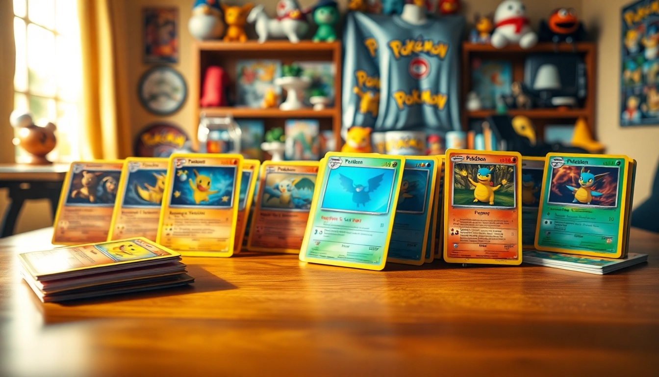 Showcasing real Pokemon cards on a wooden table with holographic features and cozy setting.