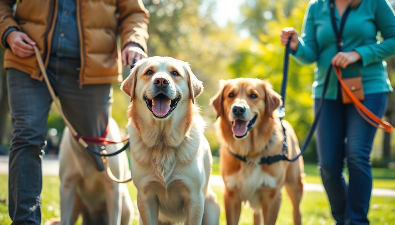 Service dogs helping individuals with disabilities in a vibrant park setting.