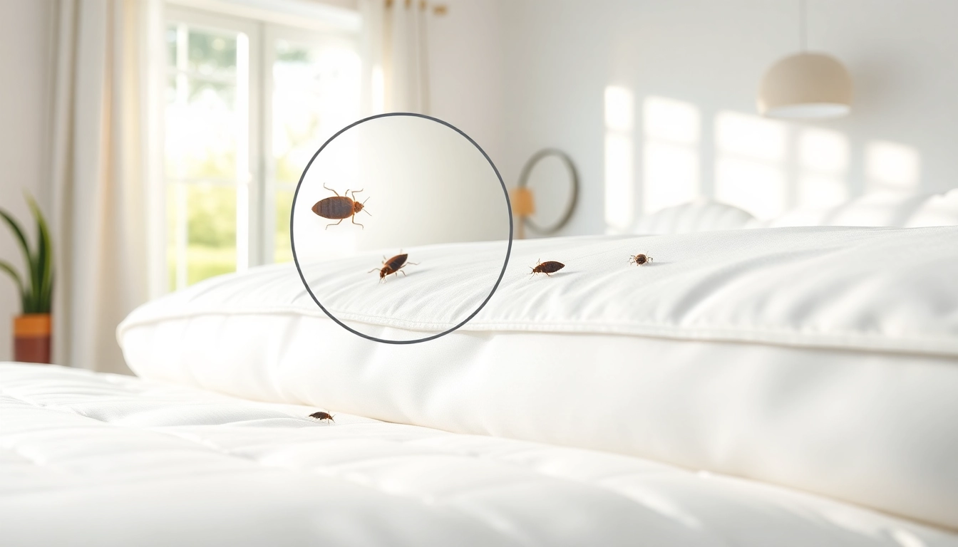 Close-up of a plush bed showcasing bed bug treatment products while highlighting bed bugs in the seams.