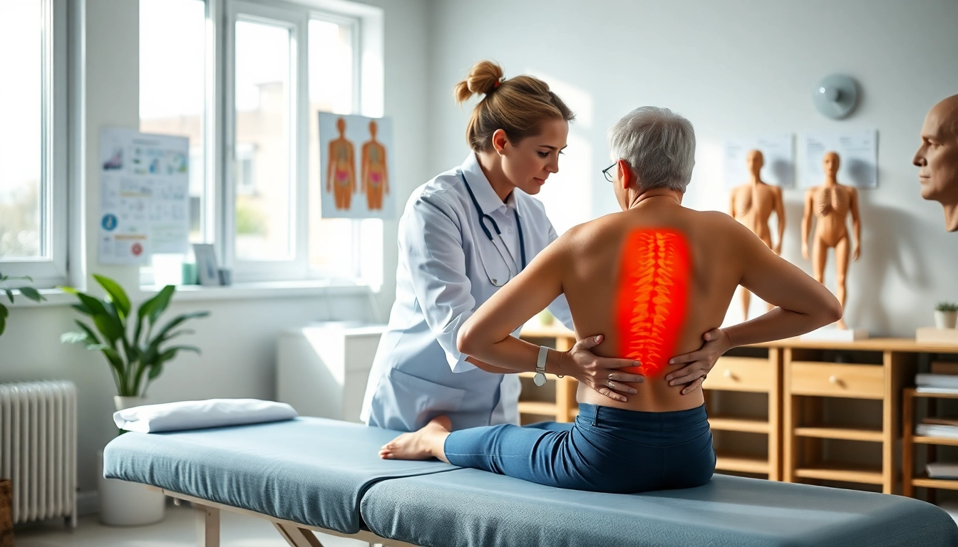 Therapist demonstrating techniques for easing Rückenschmerzen in a welcoming clinic.