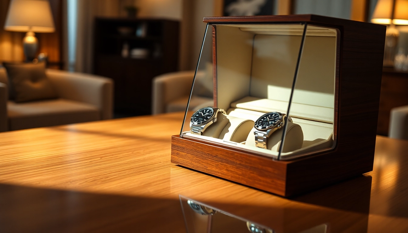 Showcasing a premium watch winder for Rolex with elegant design and ambient lighting in a luxurious setting.