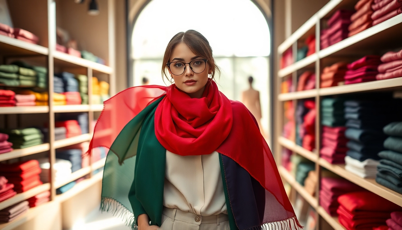 Showcasing vibrant vela scarves styled by a fashionista in an upscale boutique.
