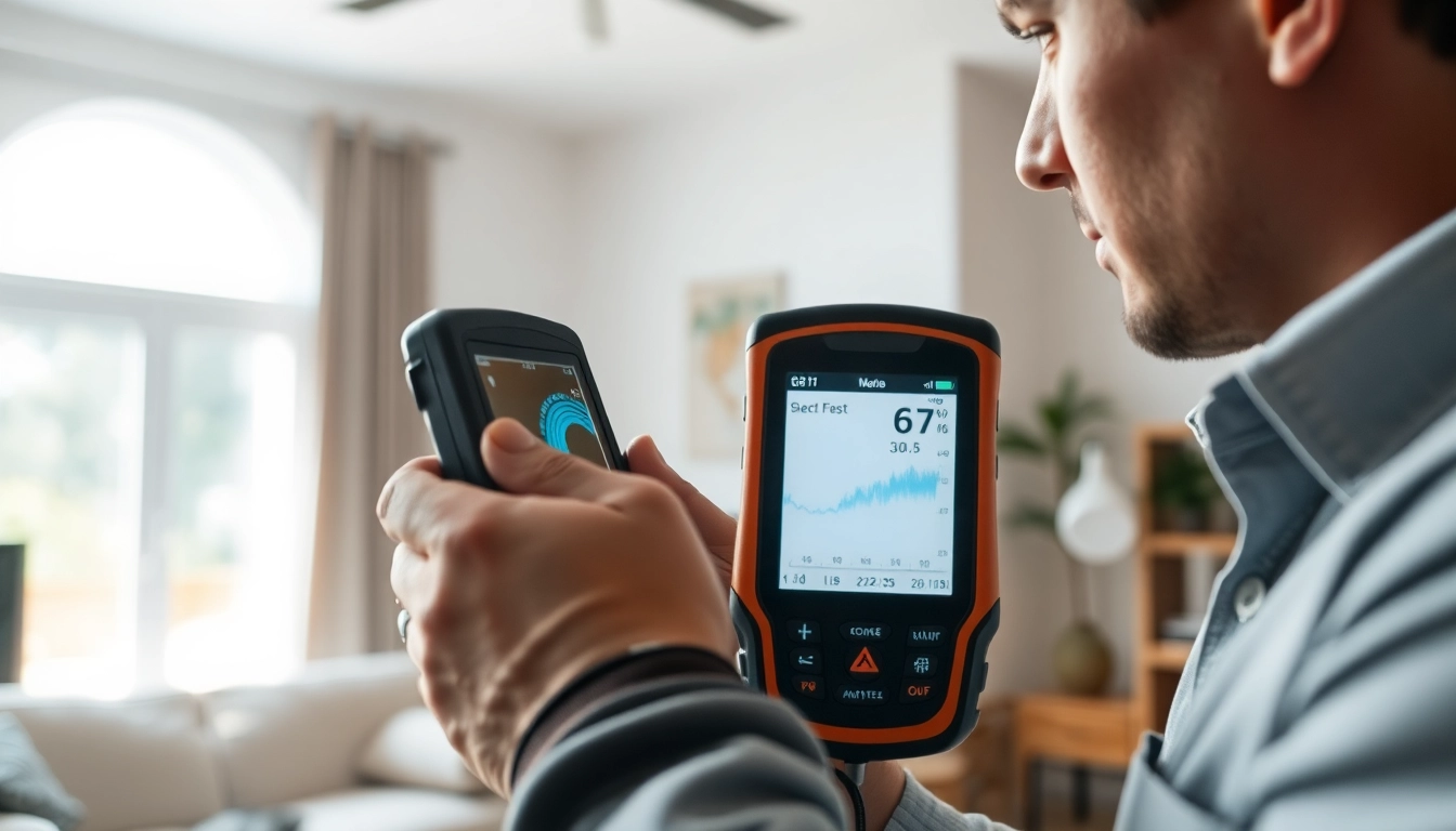 Duct leakage test being performed by a technician in a cozy living room setting, showing accurate measurements.