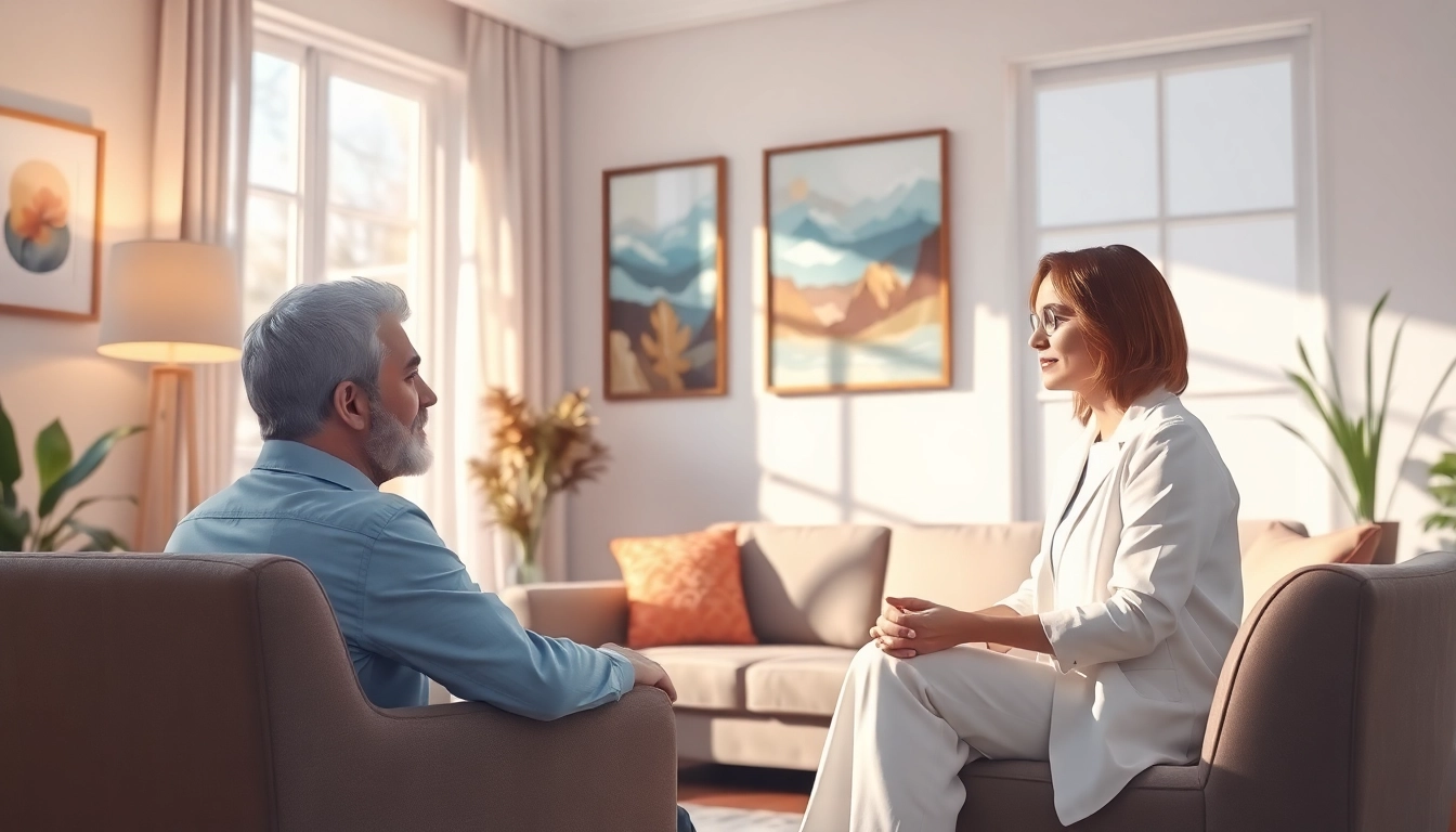 Attachment theory specialist guiding a client through therapy in a cozy, inviting setting.