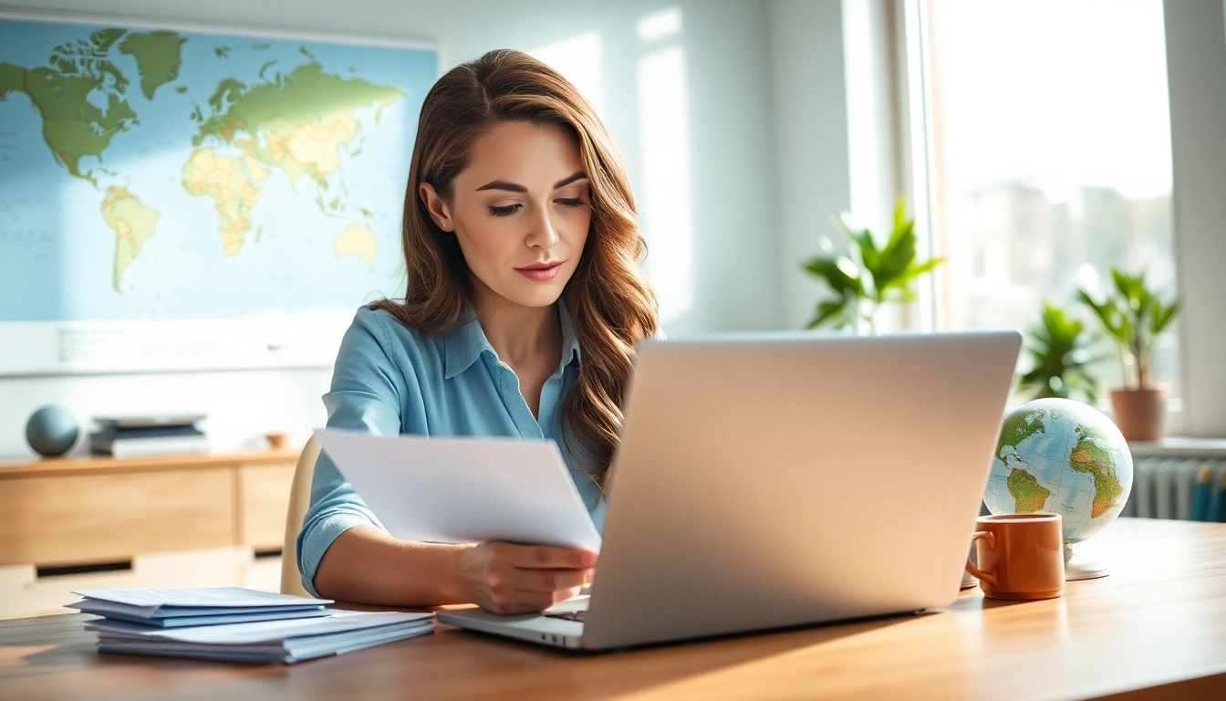 Woman completing her uk eta online application at a desk with travel documents.