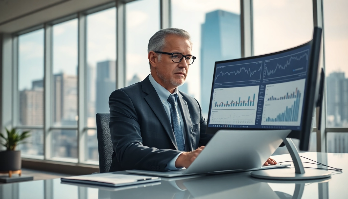 Corporate FP&A Consultant examining financial reports in a modern office setting