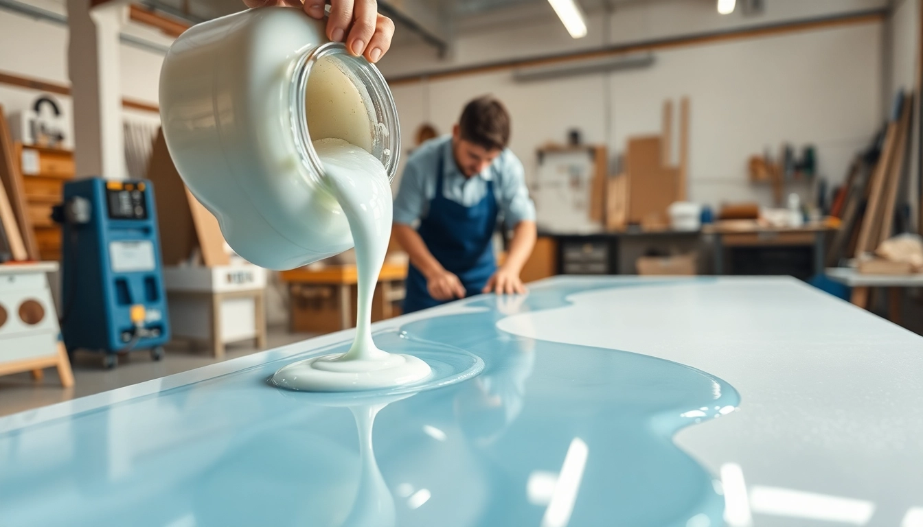 Laminating resin applied skillfully by an artisan in a workshop, focusing on craftsmanship and precision.