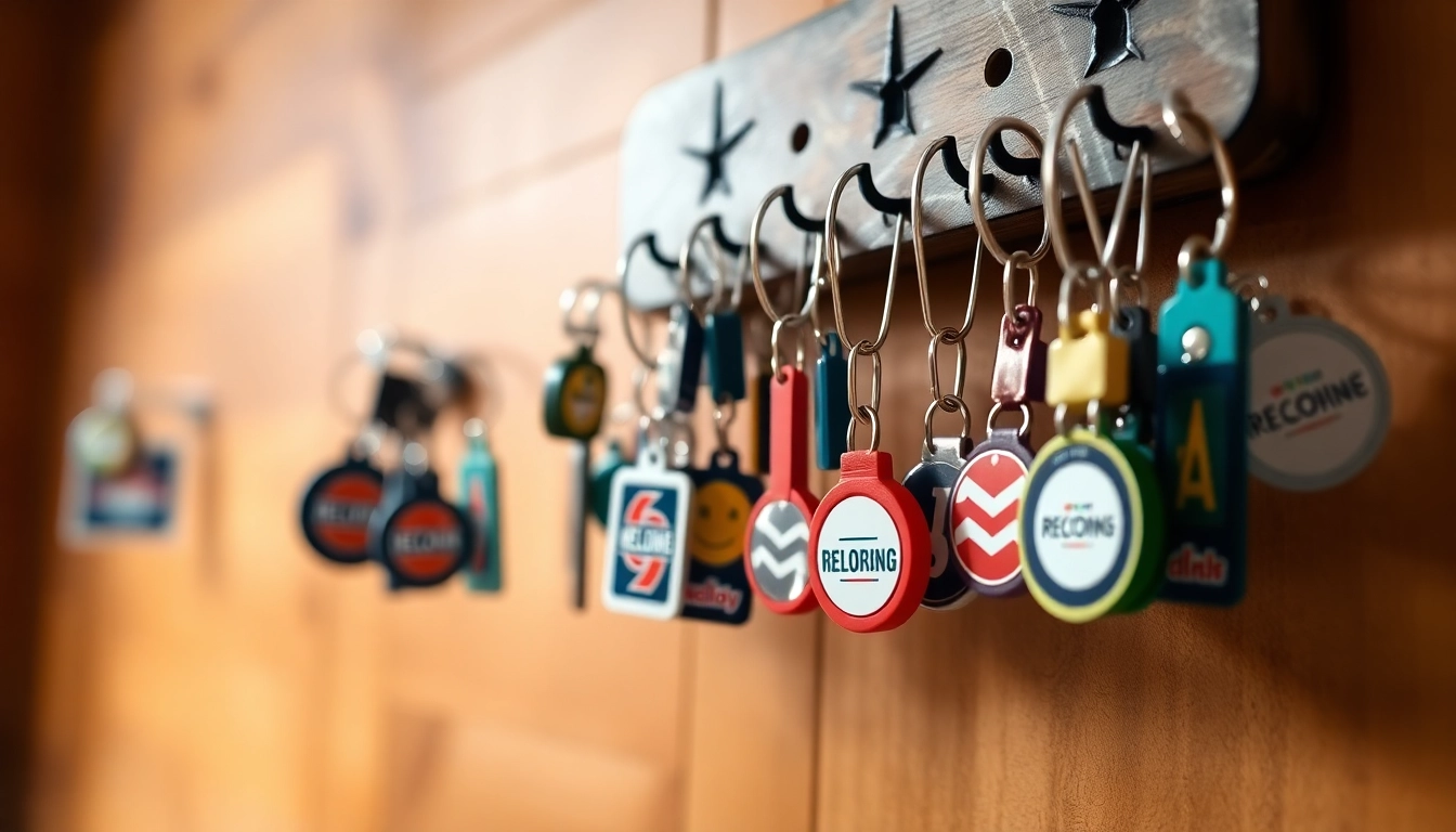 Showcase of customized keychains featuring vibrant designs and logos on display.