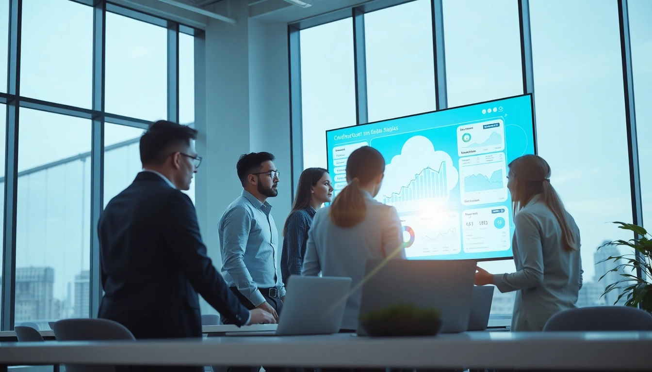 Engaging view of a team collaborating on cloud infrastructure and DevOps services strategies in a modern office.