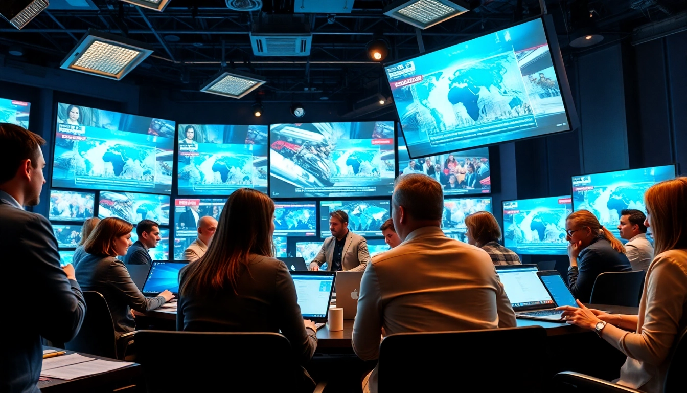 Engaged journalists in a bustling newsroom showcasing justnownews.press updates and stories.