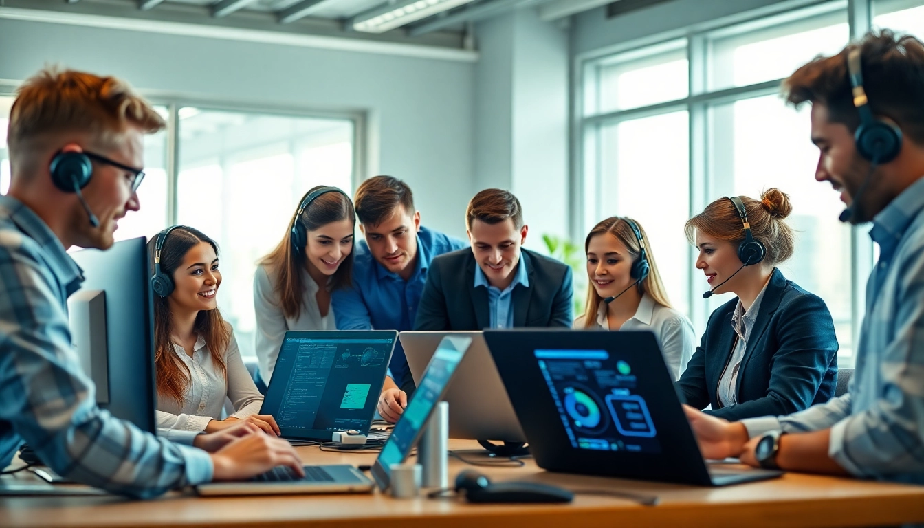 IT support service team collaborating in a modern office environment with high-tech devices.