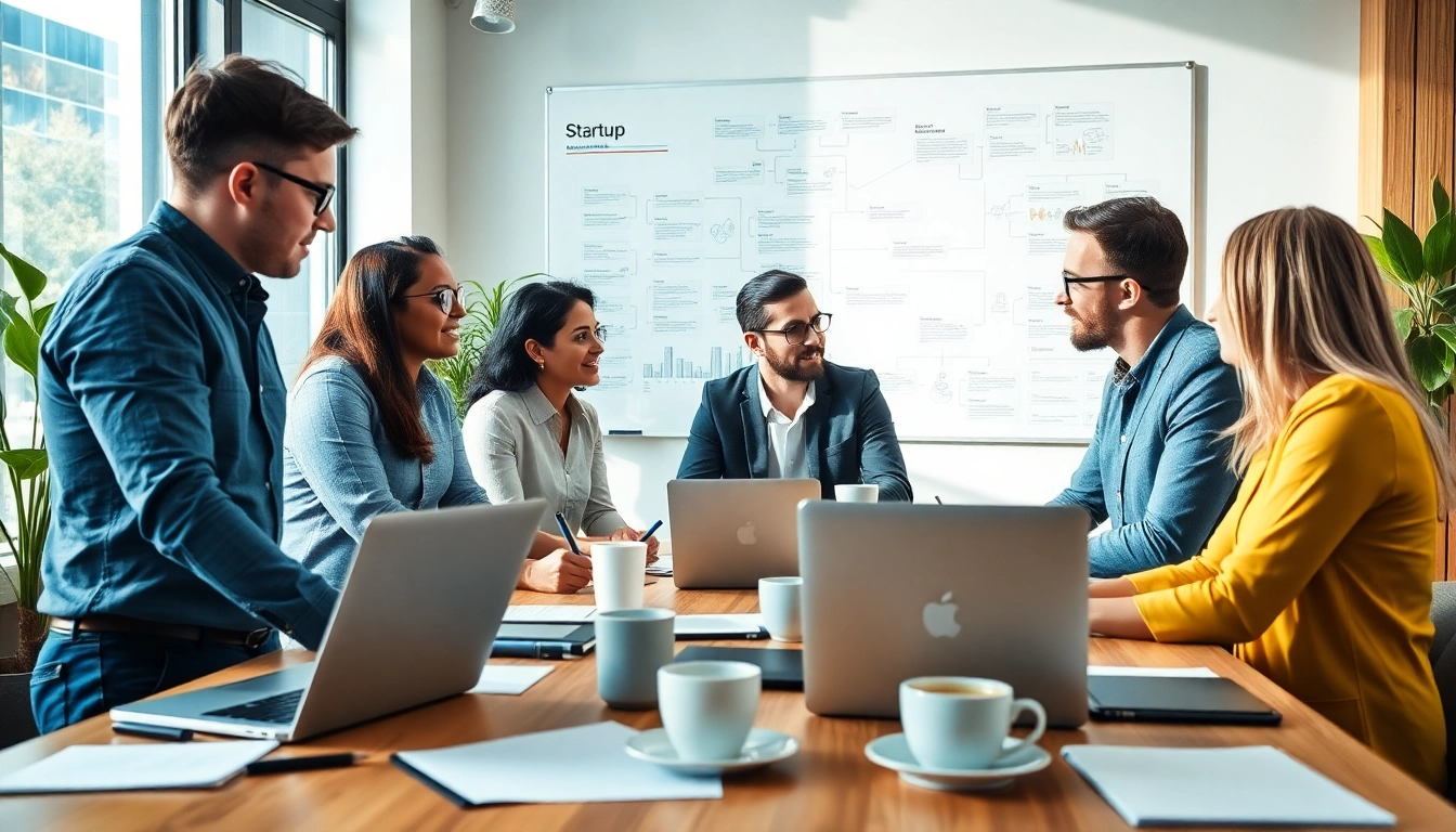 Team collaborating to launch a successful startup in a modern office space