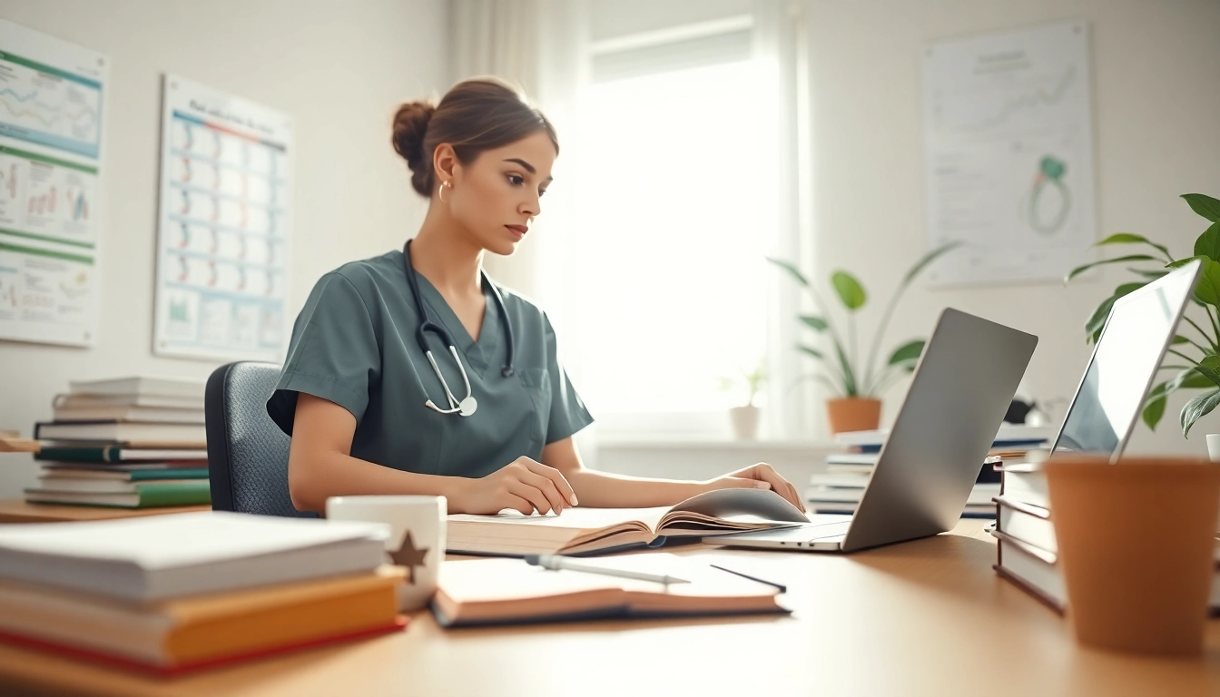 Engaged nurse focusing on nursing ceus study materials at a well-lit desk.