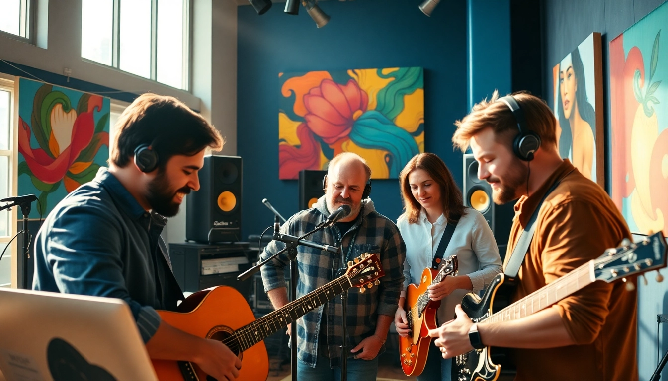 Musicians engaging in a recording session, highlighting music promotion services available.