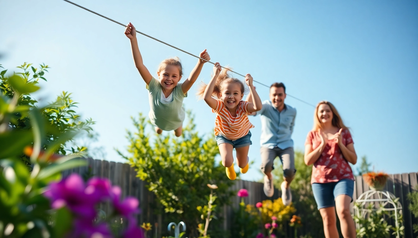 Children flying joyfully on a ZIP WIRE KIT in a vibrant backyard setting.