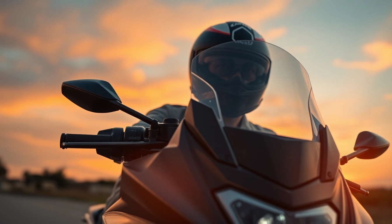 Sleek motorcycle windscreen reflecting sunset colors while a motorcyclist rides.