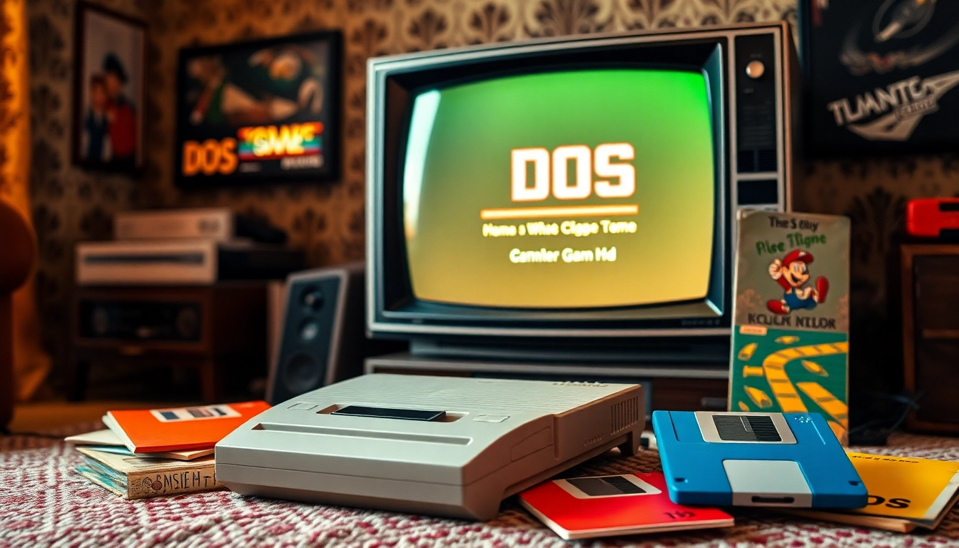 Play DOS games on a retro gaming setup, showcasing nostalgic elements.