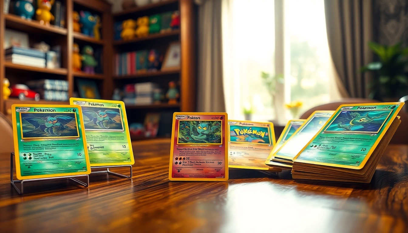Showcasing real Pokémon cards arranged artistically on a wooden table, highlighting their unique features and colors.
