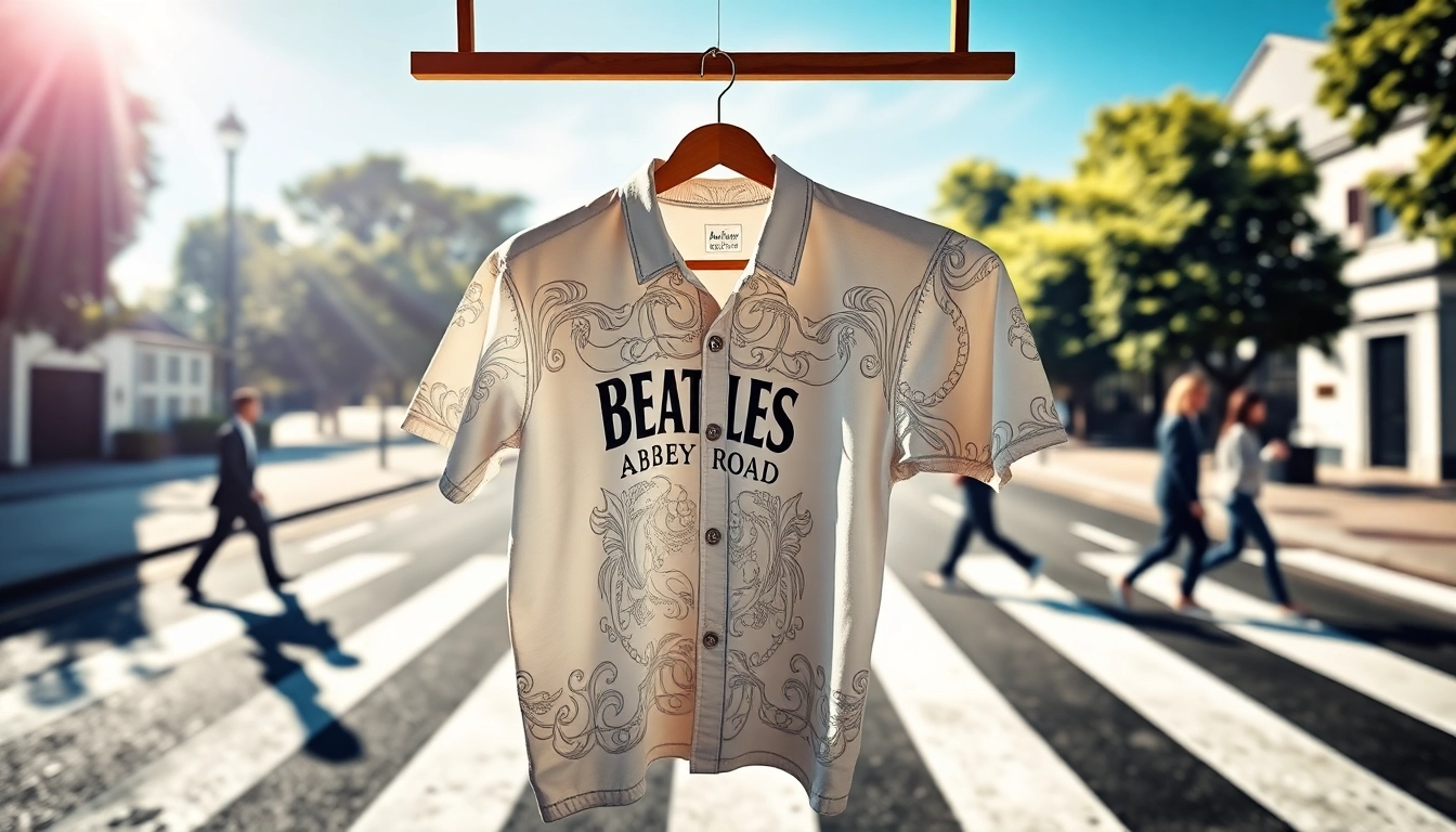 Showcasing a Beatles Abbey Road shirt on a vintage hanger against a stylized Abbey Road backdrop.