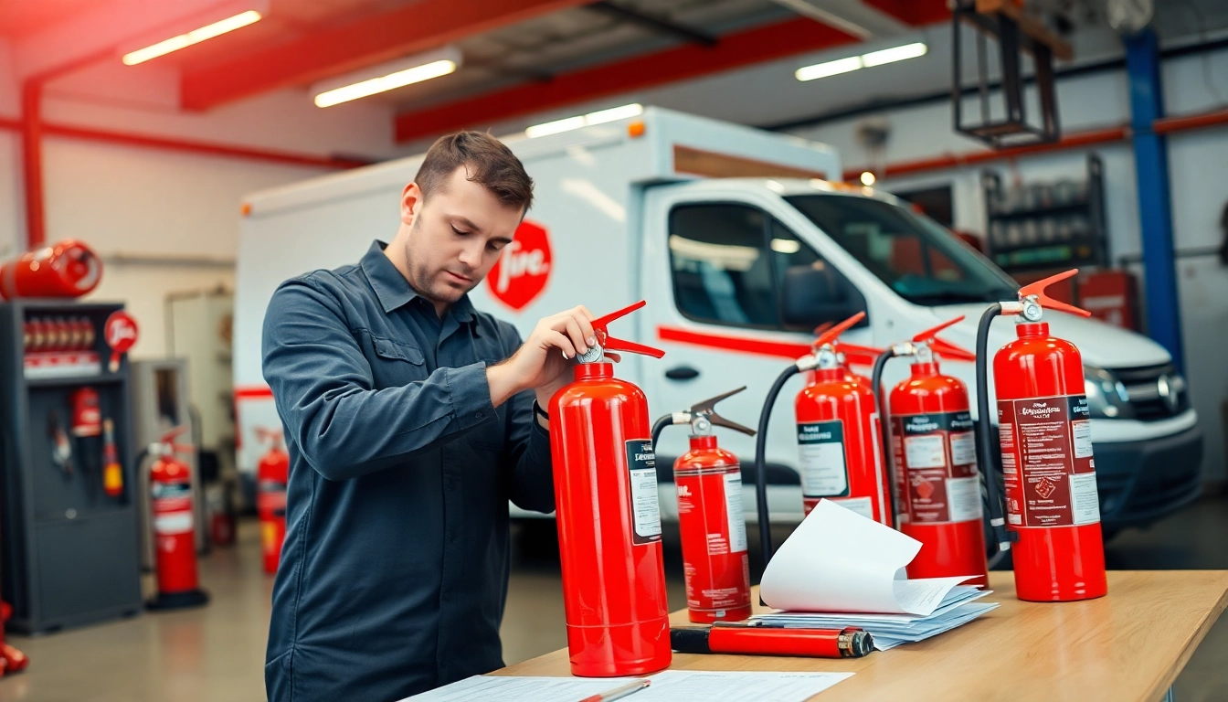 Technicians providing fire extinguisher service and maintenance in a professional environment.