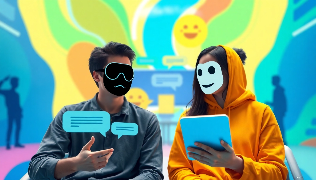 Two people engaged in anonymous conversations in a vibrant digital chat space.