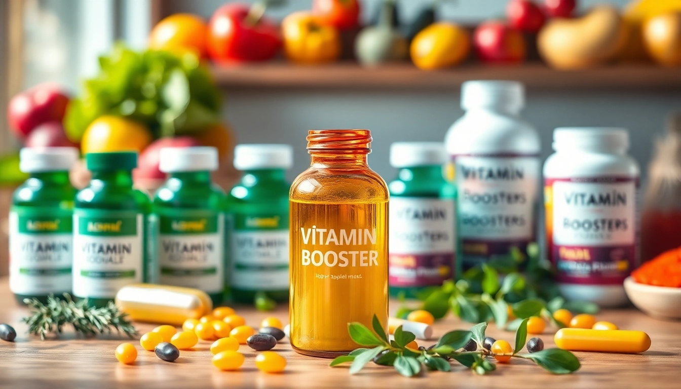 Explore Vitamin Boosters with colorful supplements and fresh ingredients for enhanced wellness.