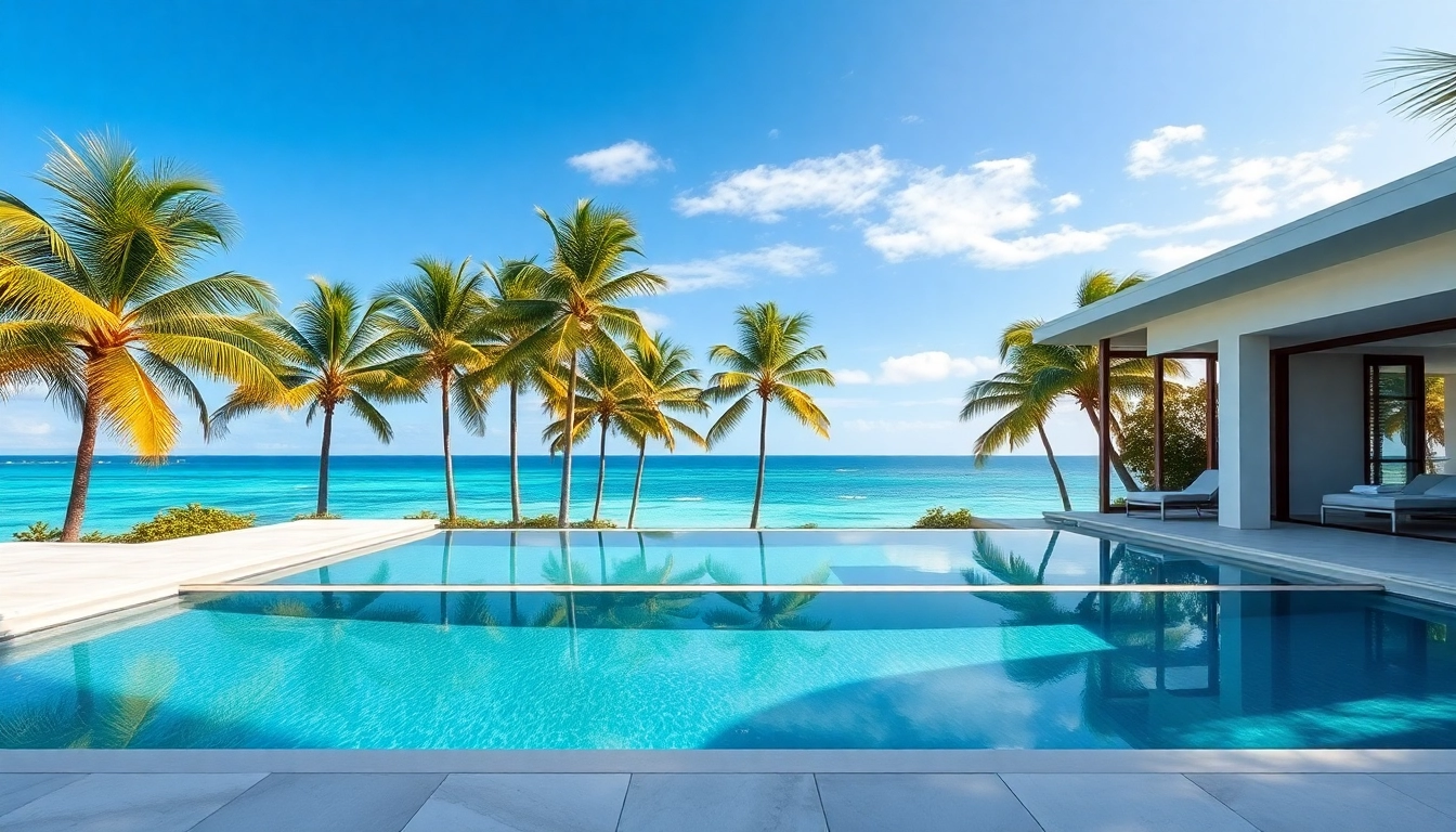 Highlighting villa sales, a stunning modern villa amidst lush greenery and ocean view.