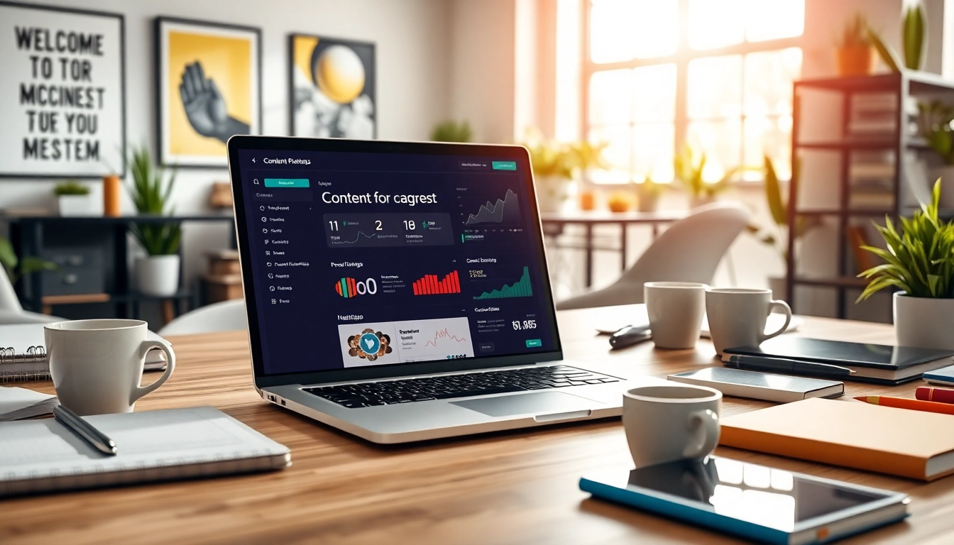 Engaging view of AI content marketing platform interface in a modern workspace setting.