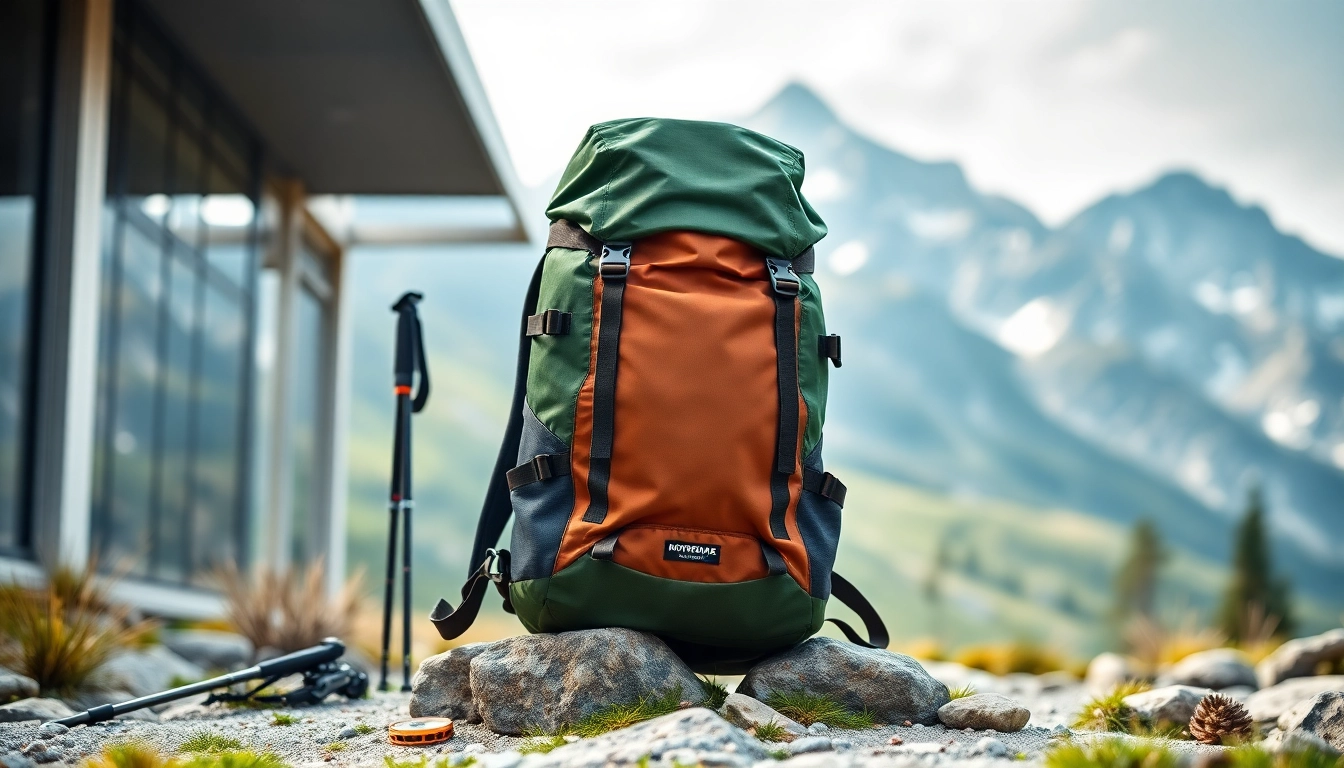 Vidi Rucksack auf einem Felsen im Freien mit moderner Outdoor-Umgebung und Abenteuer-Atmosphäre.