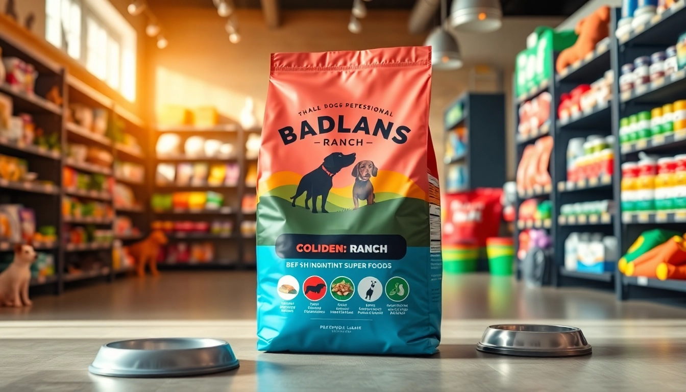 Showcase of Badlands Ranch dog food Canada in a vibrant pet store setting, highlighting fresh ingredients.