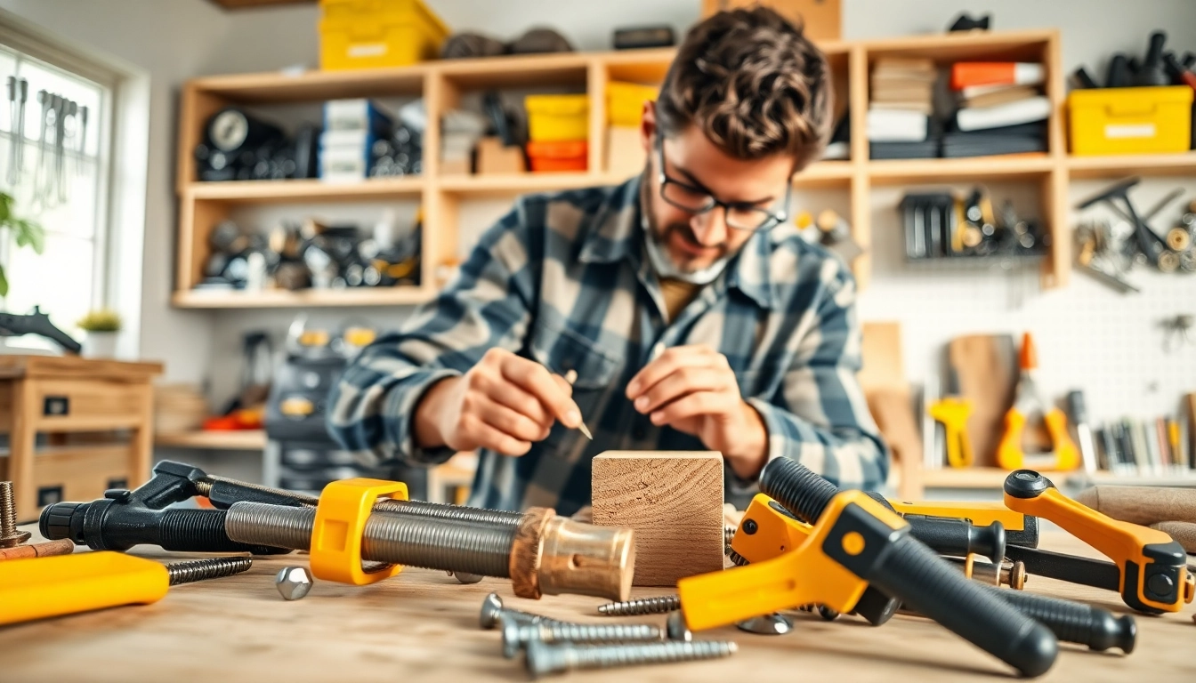 Fasten von Werkzeugen in einer hellen Werkstatt mit einem Handwerker am Werk.