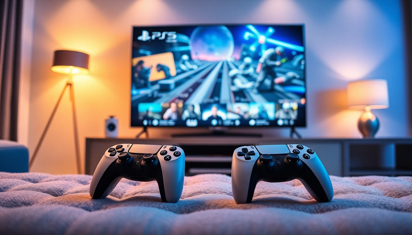 Showcasing exciting ps5 games on a setup with a PlayStation 5 console and controllers.