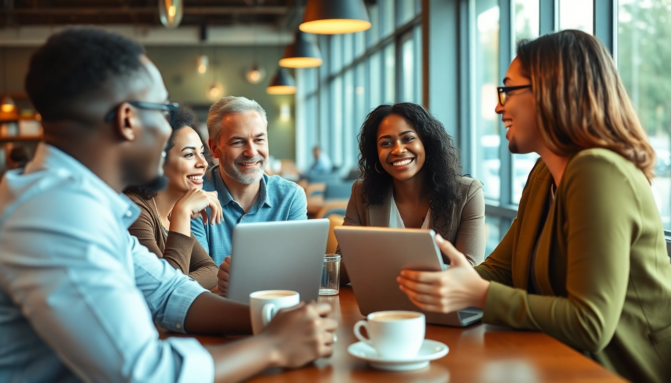 Job seekers reconnecting on LinkedIn for job search in a modern cafe.